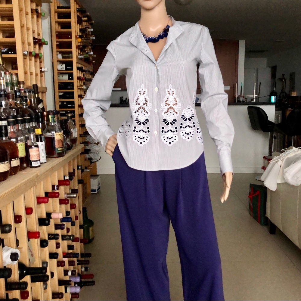 Theory Weylend Grey/White Stripe Shirt / Blouse